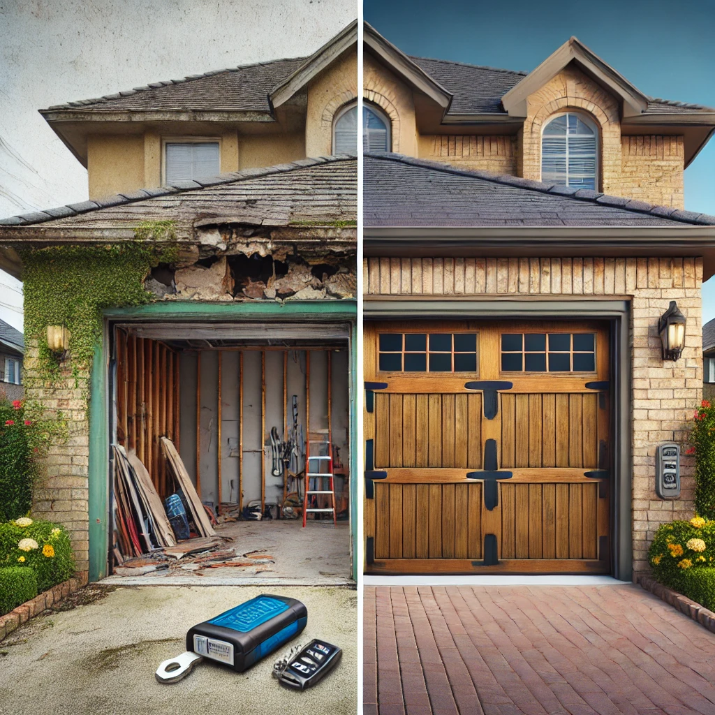A split-screen comparison of a Castle Hill home’s garage door before and after a security upgrade. The left side shows an older, vulnerable garage door with visible gaps and a basic lock. The right side displays the same home with a reinforced garage door featuring a multi-point locking system, keypad entry, and motion-activated lighting, highlighting the improved security measures.