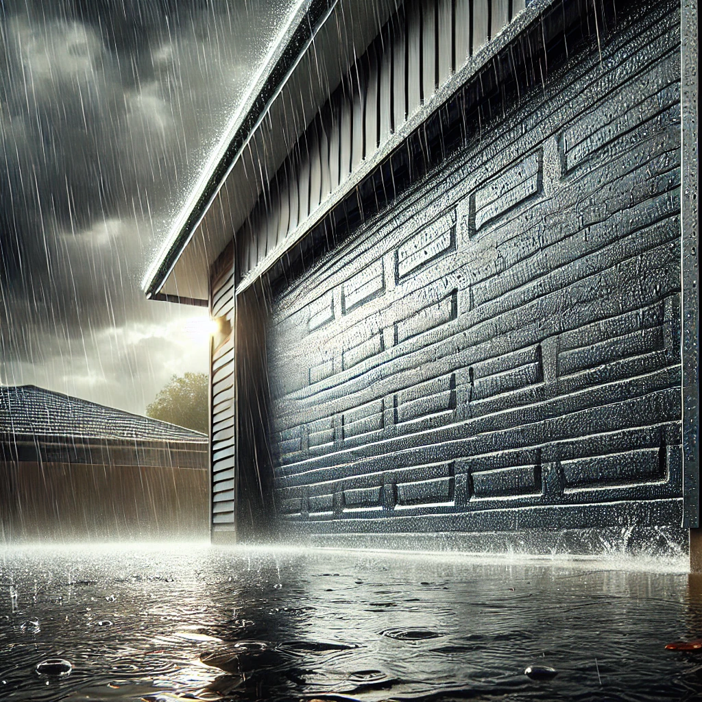 A close-up of a Colorbond steel garage door during a heavy rainstorm in Penrith. Water beads and runs off the surface, highlighting its durability and weather resistance. Dark storm clouds loom in the background, while the sturdy garage door stands strong, clearly protecting the home from the elements. The wet driveway reflects the stormy sky, adding to the dramatic scene.
