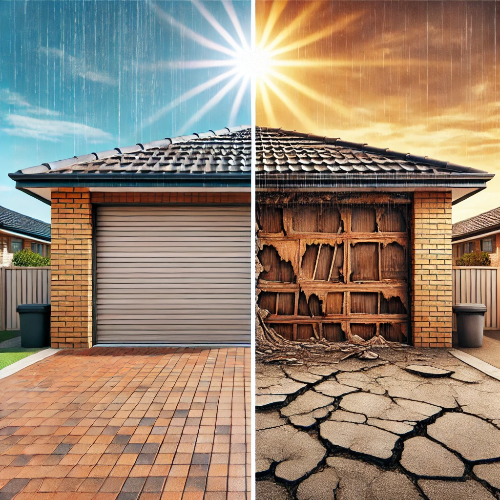 A split-screen comparison of two garage doors in Penrith. The left side shows a weather-resistant garage door looking new and intact, with a durable, heat-resistant finish. The right side displays a standard garage door with visible damage from prolonged sun exposure, including warping, fading, and cracks. A bright, sunlit suburban background highlights the contrast between durability and weather-related wear.