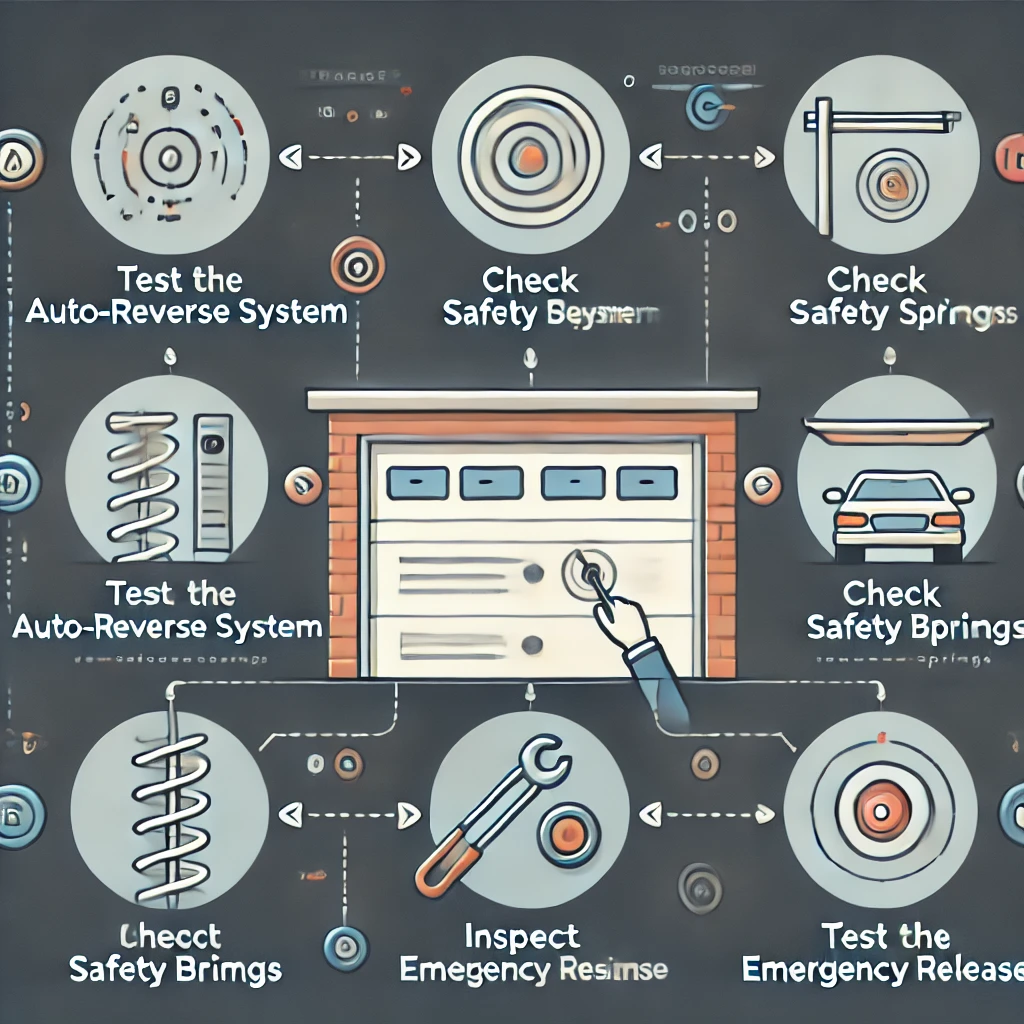 A clean, modern infographic illustrating the step-by-step garage door safety check process. The design includes simplified icons and arrows guiding viewers through key steps: testing the auto-reverse system, checking safety beams, inspecting springs, and testing the emergency release. The layout ensures easy readability and clear understanding of essential maintenance tasks.
