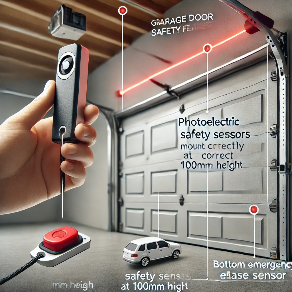 A detailed close-up of garage door safety features, including photoelectric safety beam sensors mounted precisely at 100mm from the floor, a red emergency release cord, and a bottom safety edge sensor. The clean, well-lit garage setting presents a technical diagram style with labeled parts, ensuring clear identification of each safety component.
