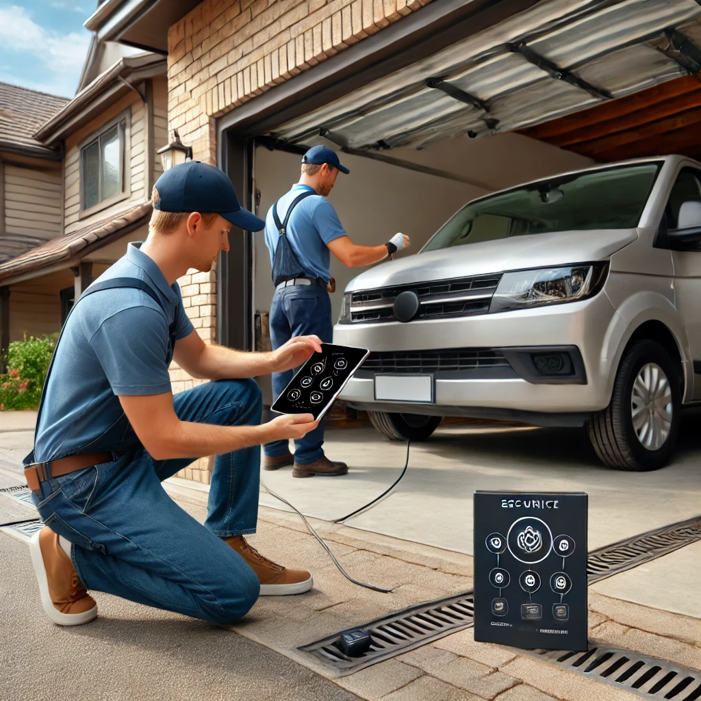 A person in casual attire performing a garage door security assessment at a Castle Hill home. They are inspecting the track system and using a tablet to test the connectivity of smart security features. A professional service vehicle is partially visible in the driveway, indicating a professional inspection service. The setting is a well-maintained suburban home with natural daylight.