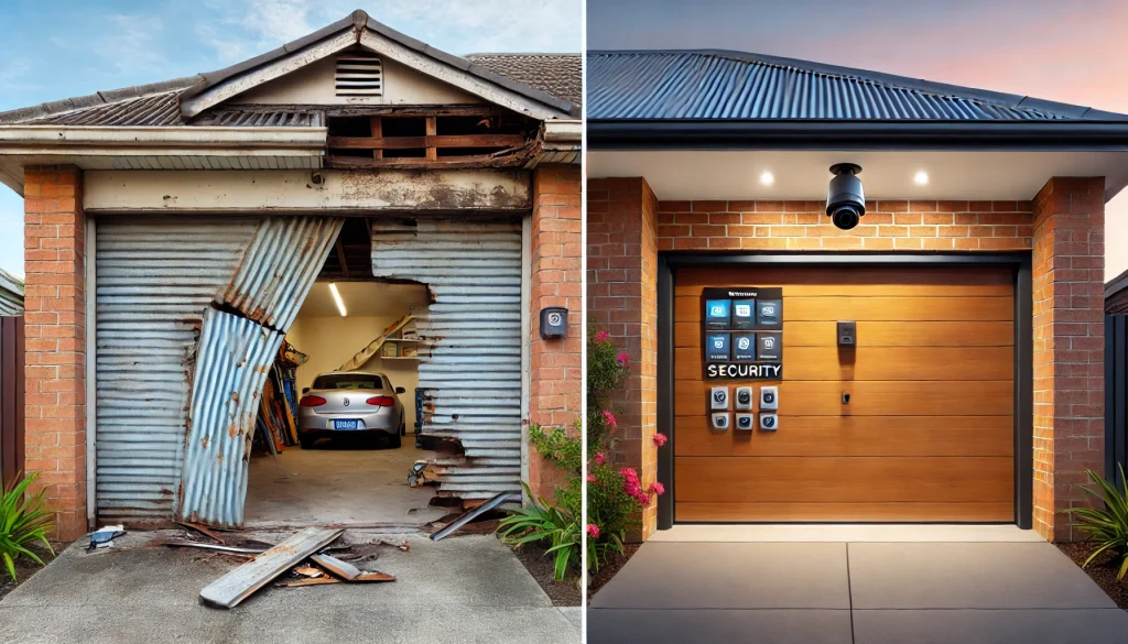 A split-image comparison of a garage door before and after a security upgrade. The left side shows an old, damaged garage door with security vulnerabilities, including a bent track, a gap at the bottom, and an outdated manual lock. The right side displays the same garage transformed with a modern security door featuring smart technology, surveillance cameras, and proper sealing. The scene is set in an Australian suburban neighborhood with late afternoon lighting, highlighting the contrast between the old and upgraded security features.