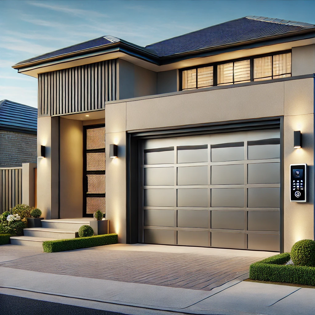 A modern residential home in Castle Hill featuring a secure smart garage door system with reinforced panels. A keypad entry system is mounted beside the garage, and motion-activated lighting illuminates the driveway. The stylish home exterior has clean architectural lines and a landscaped front yard, with natural daylight highlighting the security features and contemporary design.