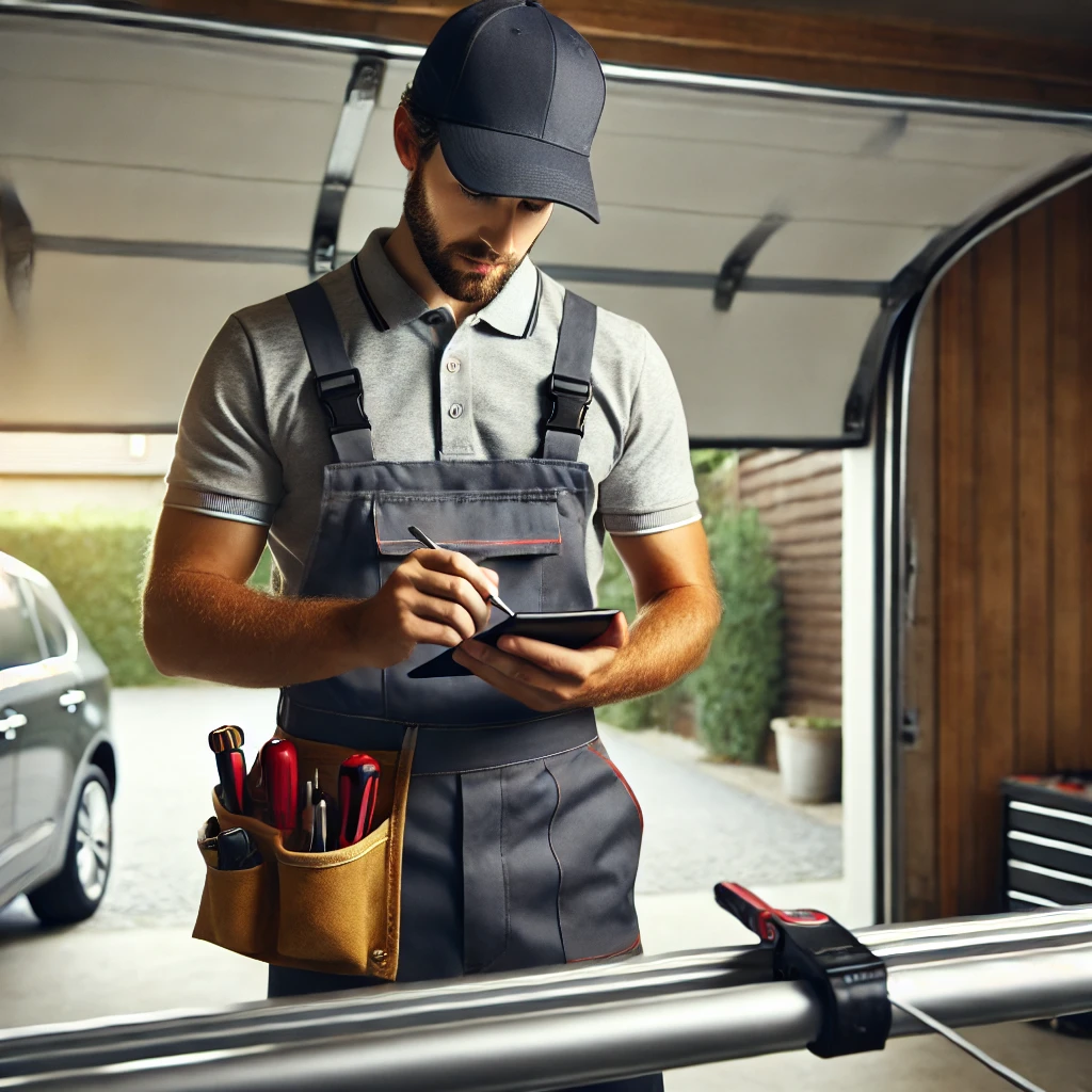 A professional garage door technician in a plain uniform (no logo) performing a maintenance check on a roller door. The technician is wearing a visible tool belt and carefully inspecting the door's components. The setting is a residential garage with natural lighting, emphasizing professionalism and expertise. The image reinforces trust, reliability, and the importance of quality service in garage door maintenance.