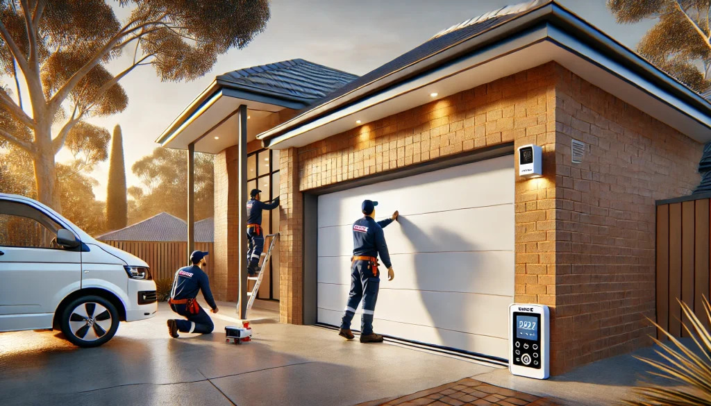 A modern white sectional garage door being installed on a contemporary brick home in a suburban setting during late afternoon. Two installers in branded workwear carefully align the tracks. A security camera and smart keypad entry system are visible on the house. The architectural style reflects Western Sydney, with clean lines and a mix of brick and modern finishes.