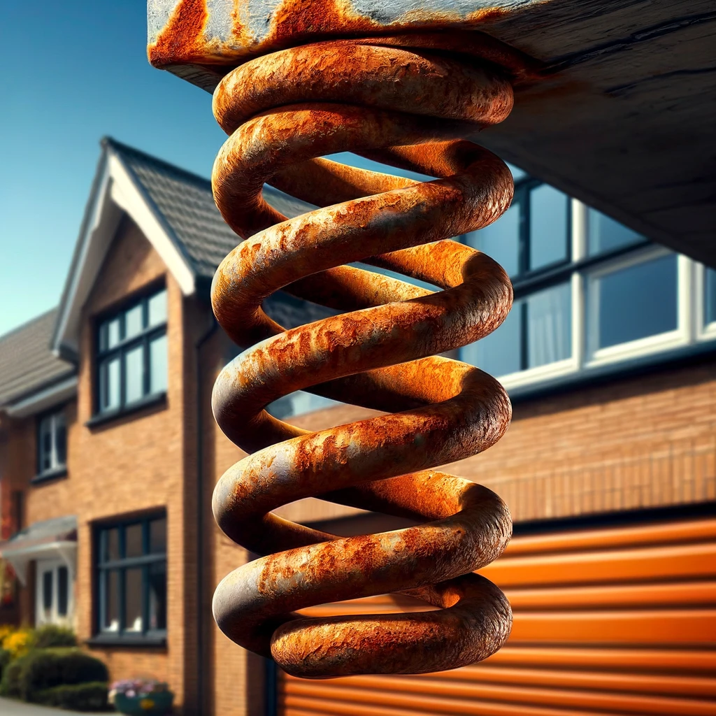 Close-up of a rusty garage door spring attached to a house, showing orange rust spots and corrosion patterns in harsh sunlight. A brick house facade in Castle Hill style is visible in the background.