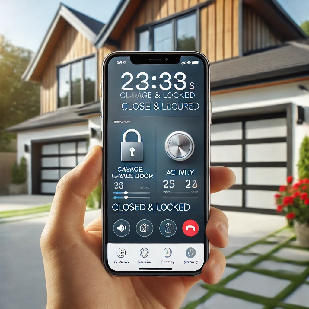 A close-up view of a smartphone displaying a garage door security app interface. The screen shows the status 'Closed & Locked' with a timestamp and an activity log of recent actions. In the slightly blurred background, a modern Castle Hill home with a secure smart garage door system is visible, illustrating the integration of smart home technology.