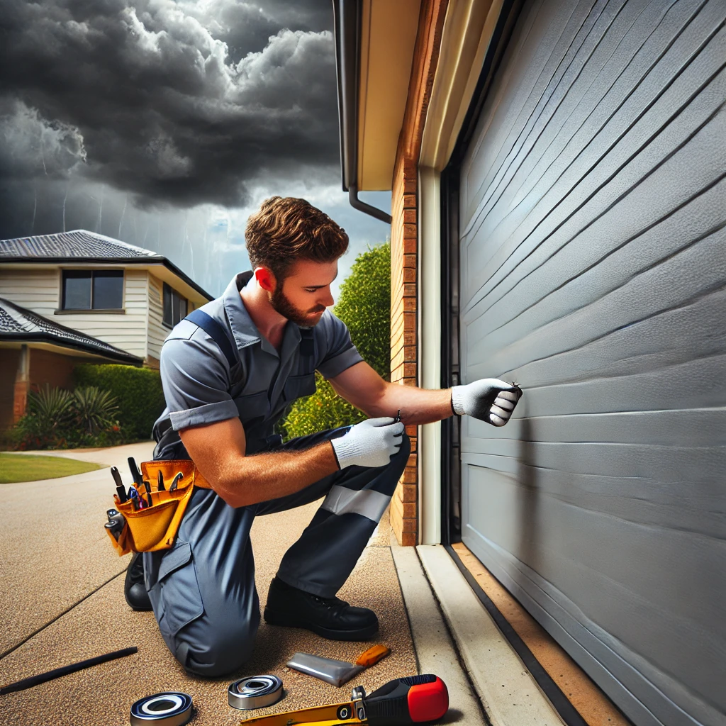A professional technician in a work uniform and gloves performing seasonal maintenance on a garage door in Penrith. The technician inspects wind reinforcement components and checks weather seals for durability against extreme weather. Dark storm clouds gather in the background, highlighting the importance of preventative maintenance. The setting features a well-maintained suburban home with the garage door partially open during the inspection.