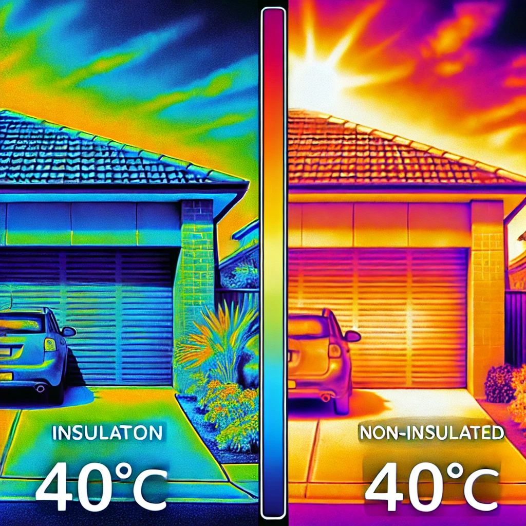 A thermal imaging visualization showing the temperature difference between an insulated and non-insulated garage door on a 40°C summer day in Penrith. The insulated door appears in cool blue and green tones, while the non-insulated door glows in hot red and orange, indicating significant heat absorption. A bright, sunlit suburban setting highlights the extreme outdoor temperature.