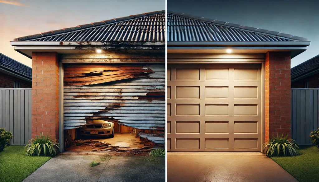 A split-image comparison of a garage door before and after weather-related damage. The left side shows a weathered garage door with visible storm damage, including dents, rust, and peeling paint. The right side displays the same garage with a new, well-maintained door that is clean and sturdy. The setting is a Western Sydney suburban home with realistic lighting, highlighting the contrast between neglect and proper maintenance, emphasizing the importance of upkeep for long-term cost savings.