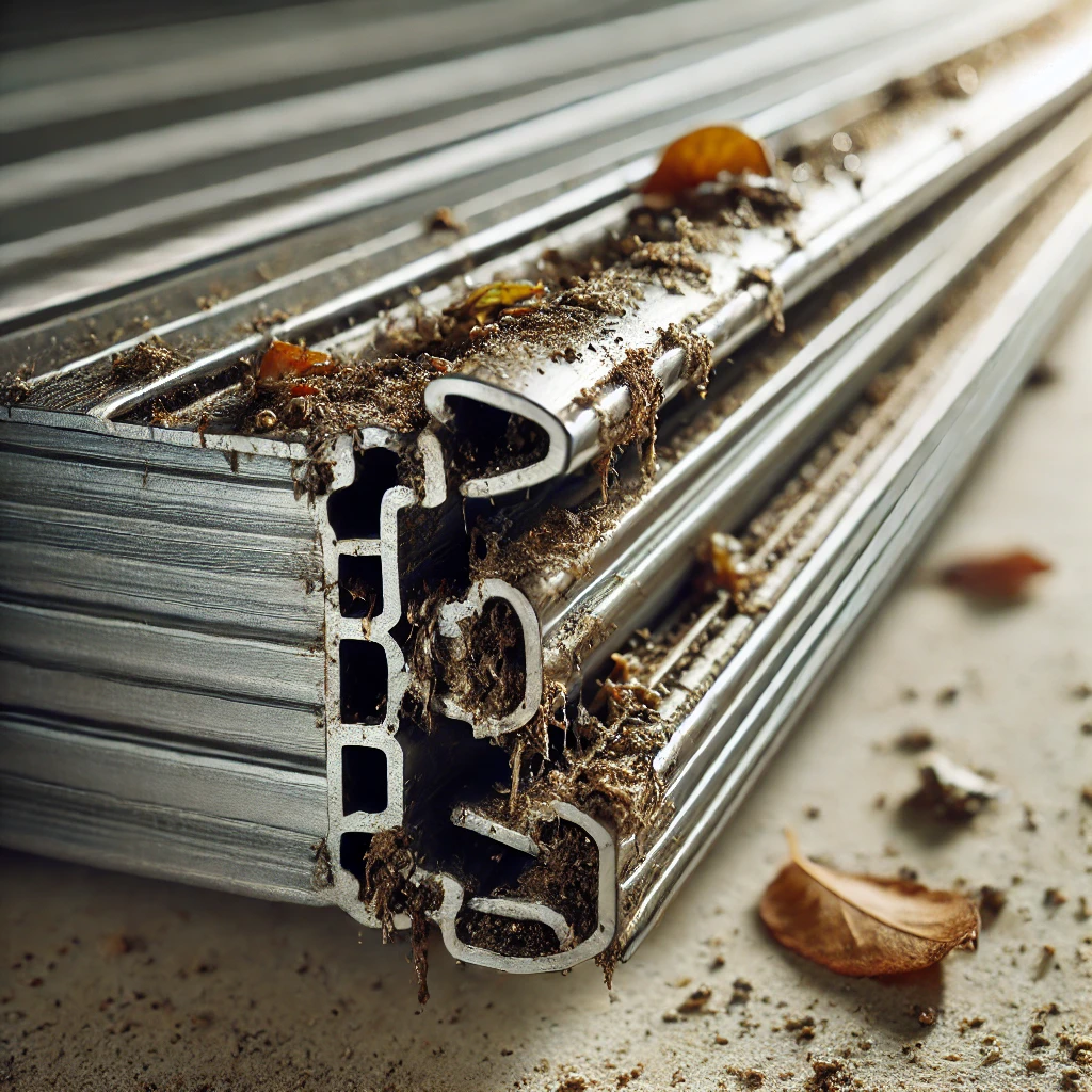 Close-up of a garage door track showing visible wear marks, slight misalignment, and collected leaves. The track has debris build-up and is captured in natural lighting with a professional photography style.