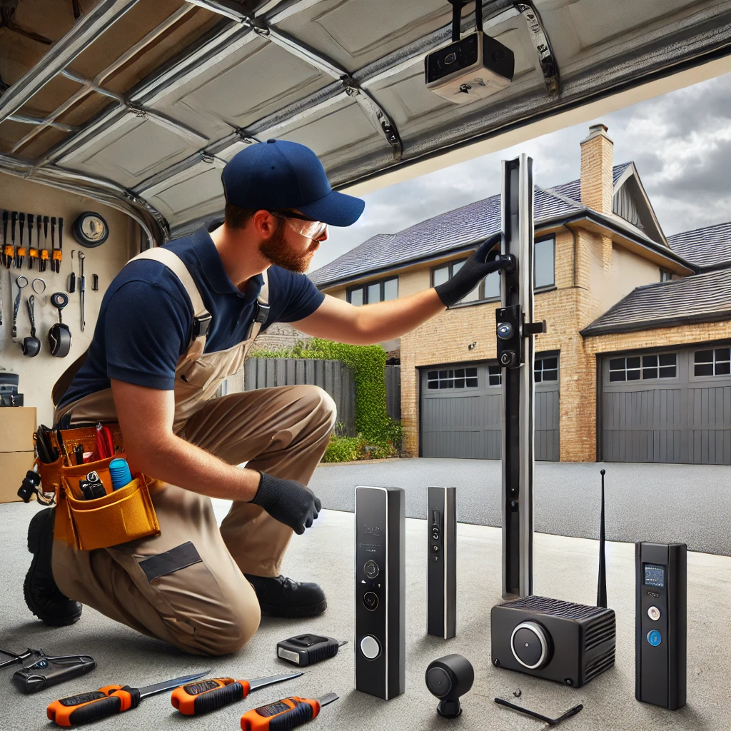 A professional garage door installer in Castle Hill, wearing safety gear and a uniform, inspecting modern sectional garage door sensors and safety beams in a residential setting. Various tools are visible in the background, emphasizing a precise and professional installation process.