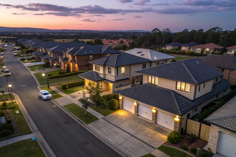 Aerial view of Western Sydney neighbourhood showcasing homes with security-enhanced garage doors and lighting