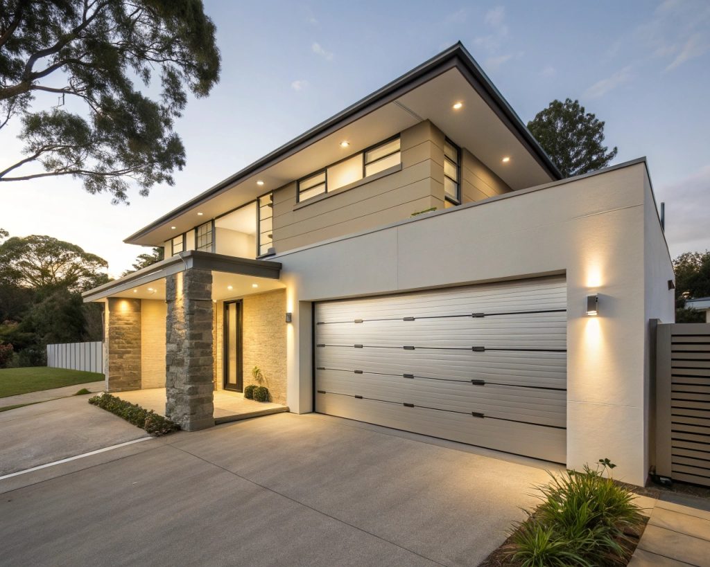 Contemporary Parramatta home featuring sleek aluminum garage door design with minimal maintenance requirements