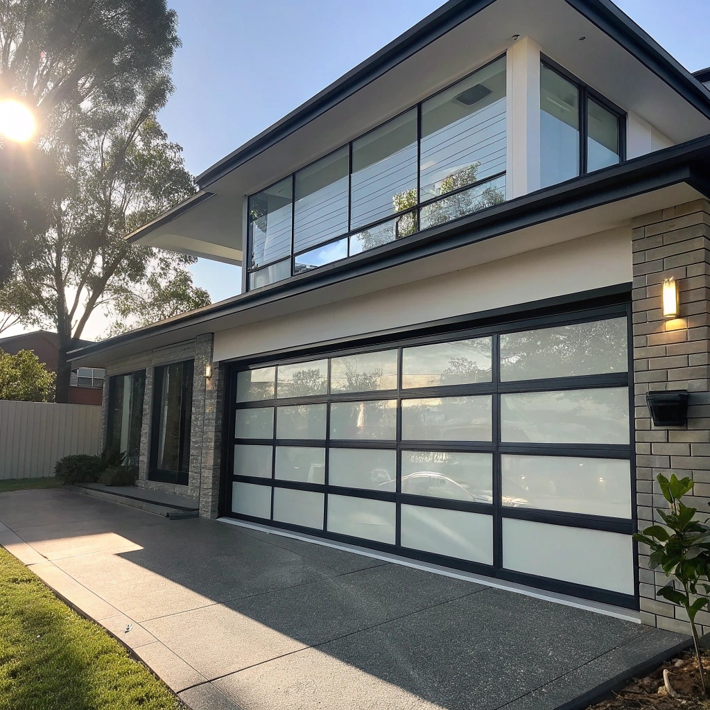 Modern sectional garage door with glass panels on a contemporary home in Parramatta, Western Sydney, with sunlight reflecting off the panels, showcasing premium design options