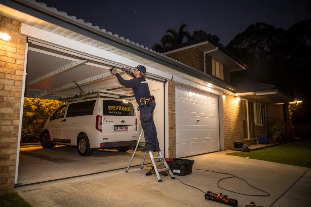 Professional technician performing emergency repairs on a damaged garage door track at night, showcasing 24/7 emergency service availability for Parramatta homeowners
