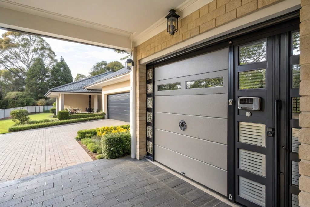 Modern secure garage door with reinforced panels and smart locking system installed on an upscale Sydney suburban home, demonstrating premium security features available for Parramatta residents