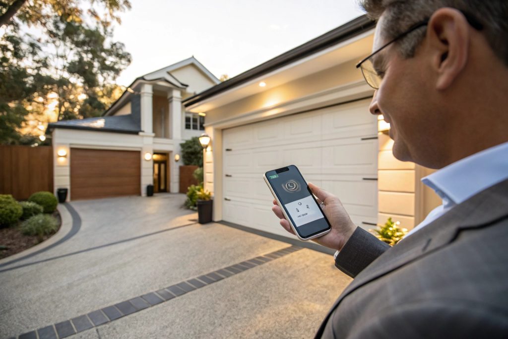 Sydney homeowner using smartphone app to remotely control and monitor their smart garage door system, demonstrating modern security technology available for Parramatta residents