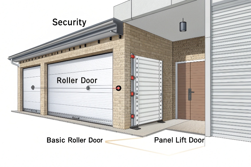 Comparison of basic roller door, panel lift door, and security roller door showing key structural differences and protection features