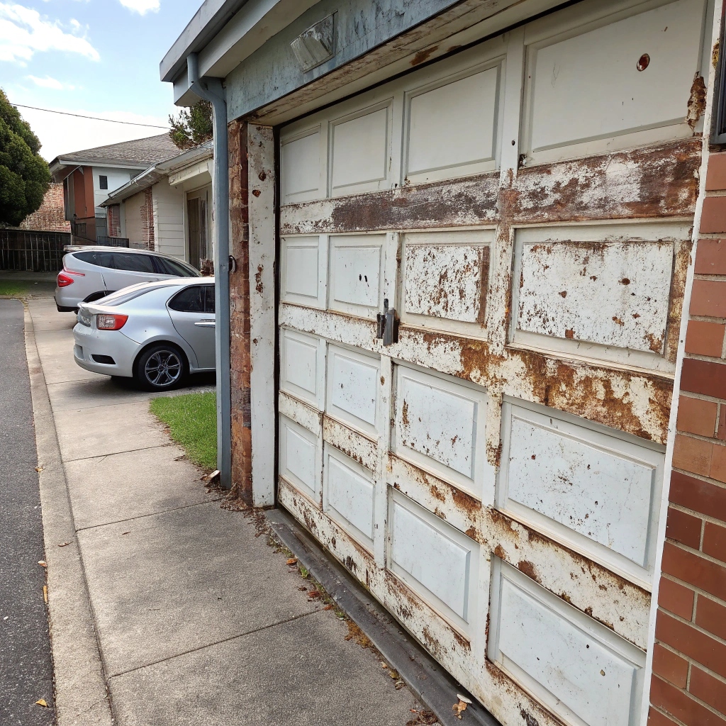 Weathered garage door with visible rust spots and damaged seals next to a newly installed door, illustrating the maintenance costs and long-term value of quality doors in Parramatta's climate
