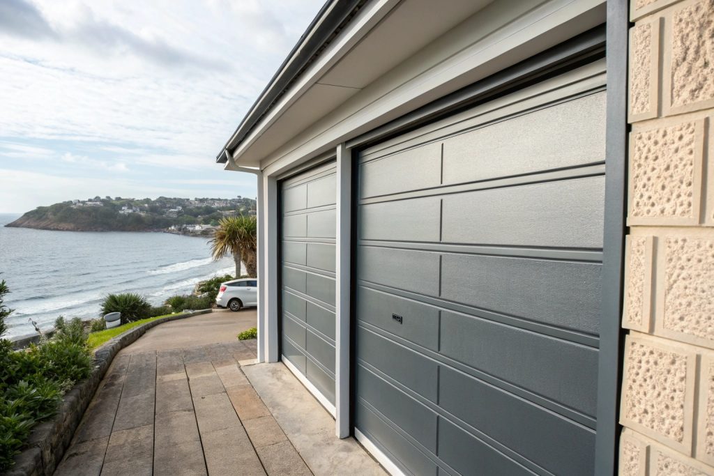 Close-up of a sectional garage door in a coastal Sydney setting with reinforced panels and visible weather sealing against wind and salt air