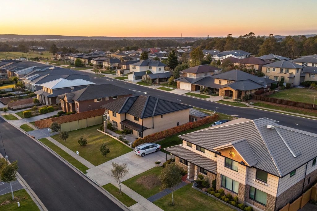 Aerial view of Western Sydney neighbourhoods showing range of homes with different roller door installations