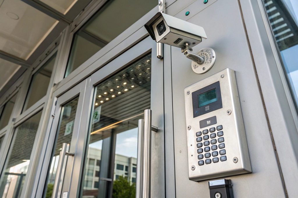 Advanced security features for commercial doors including keypad entry and reinforced locking system