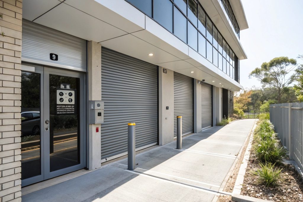 Modern strata building garage entrance in Bankstown with multiple roller doors and security access system