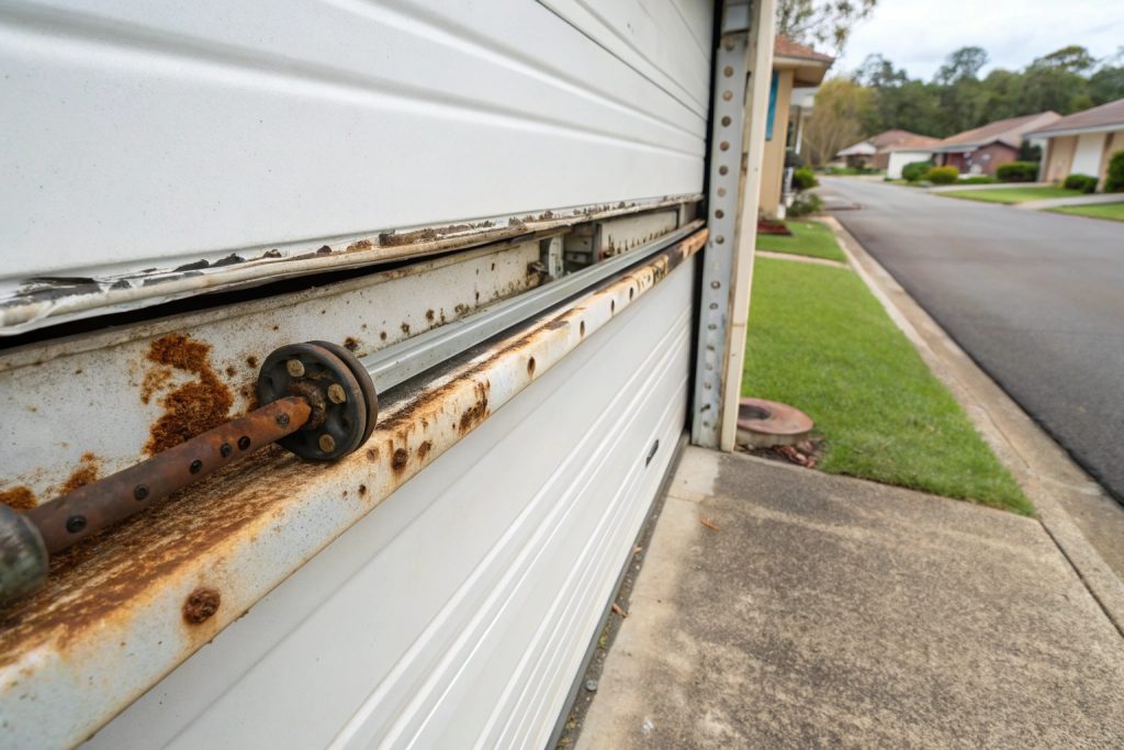 Rusted garage door tracks and rollers showing damage from humid Bankstown weather conditions