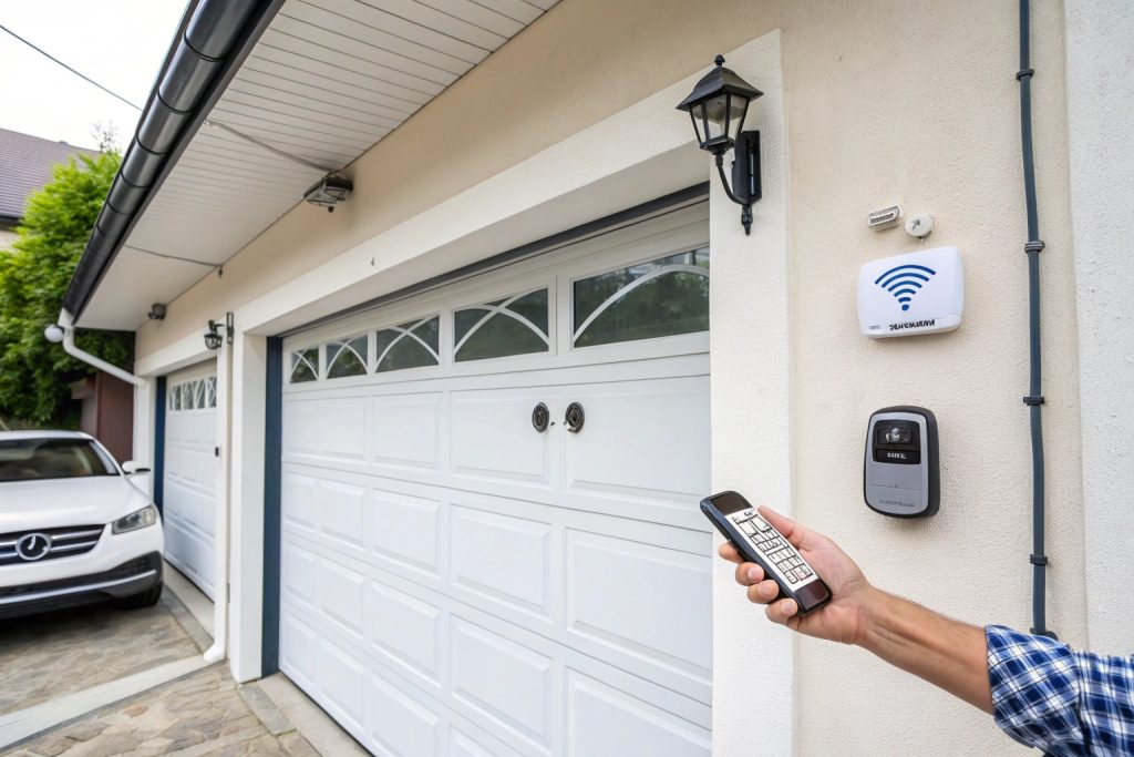 Close-up of modern garage door security features including smartphone integration, keypad entry system, and safety sensors for Bankstown homes