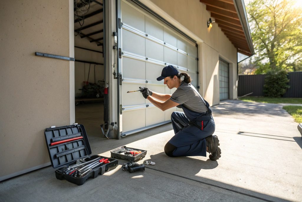 Technician performing seasonal garage door maintenance in Bankstown, lubricating moving parts