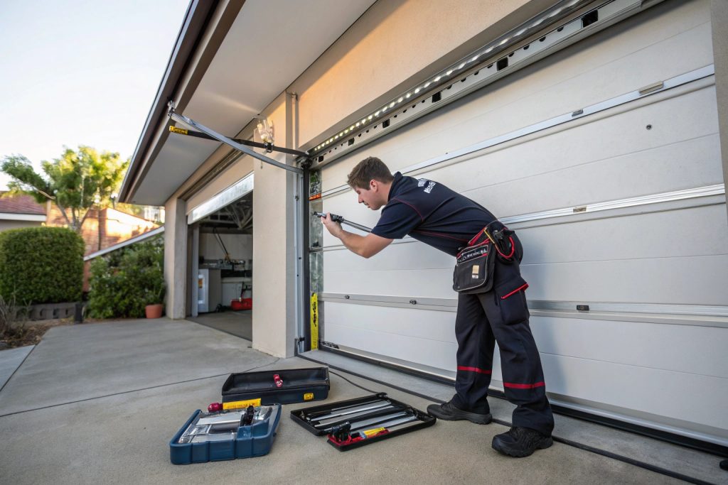 Professional technician performing maintenance on a sectional garage door system in Bankstown, inspecting tracks and springs