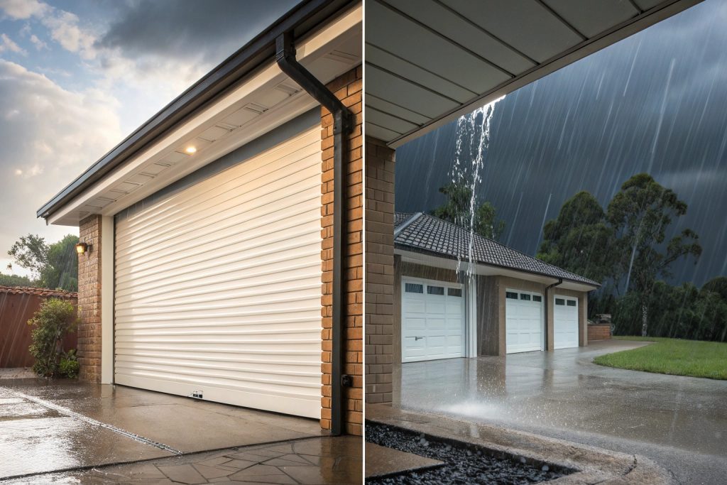 Comparison of damaged vs. properly maintained roller door seals during Western Sydney rainstorm
