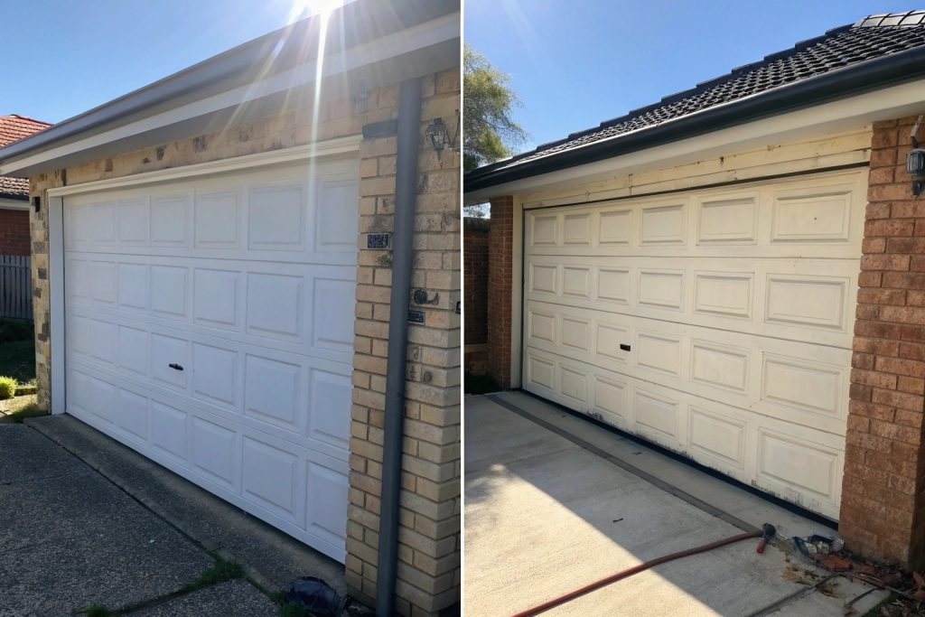 Side-by-side comparison of maintained versus weather-damaged garage door in Sydney climate