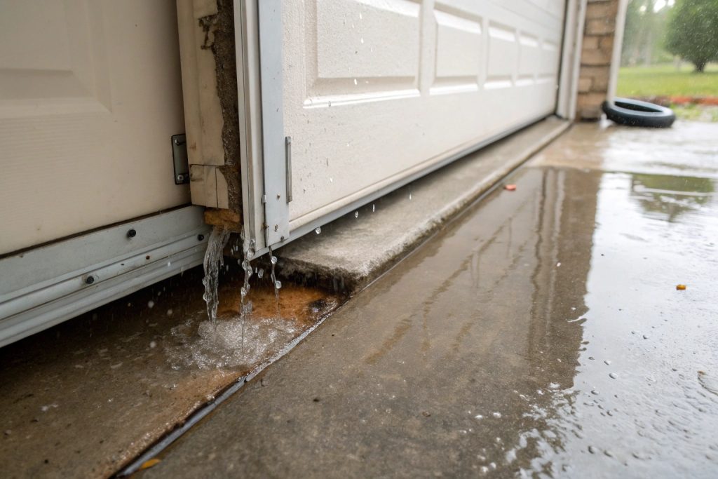 Water damage from storm showing failed weather seals on garage door bottom