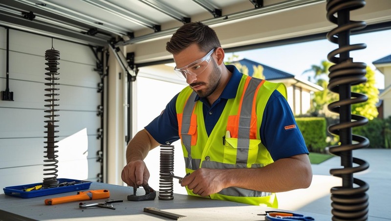Garage Door Repair Technician Adjusting Springs in Australian Suburb – Focus on Safety and Professional Tools