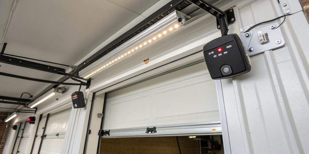 Garage door photo-eye safety sensors mounted on Liverpool home showing LED lights and proper positioning for automatic reverse protection