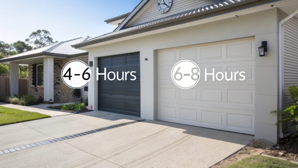 Garage door installation timeline comparison showing 4-6 hours for single doors and 6-8 hours for double doors