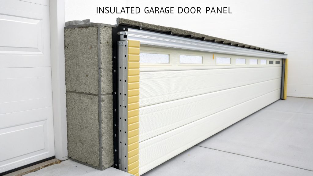 Cross-section diagram showing insulated garage door construction with foam insulation layers between steel panels