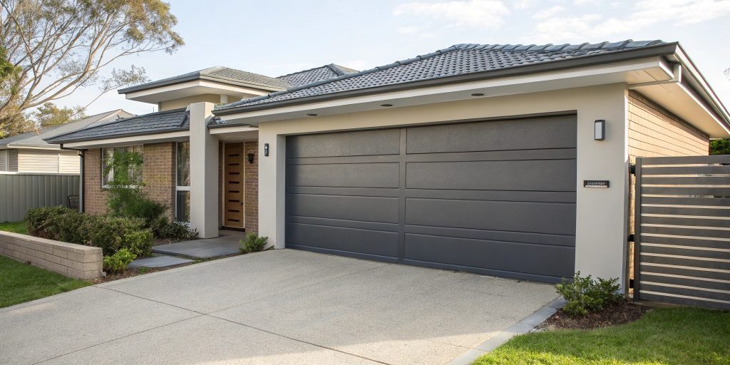 Modern residential garage door on Liverpool suburban home showing proper garage door safety installation in Western Sydney