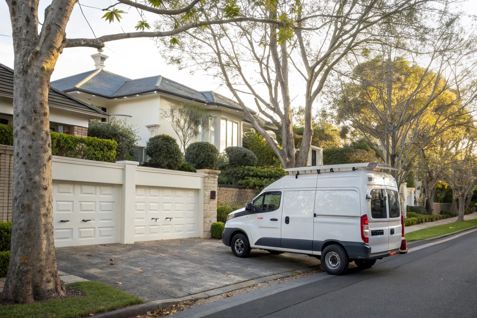 A professional service van parked in front of an upscale Sydney home, clean white garage door