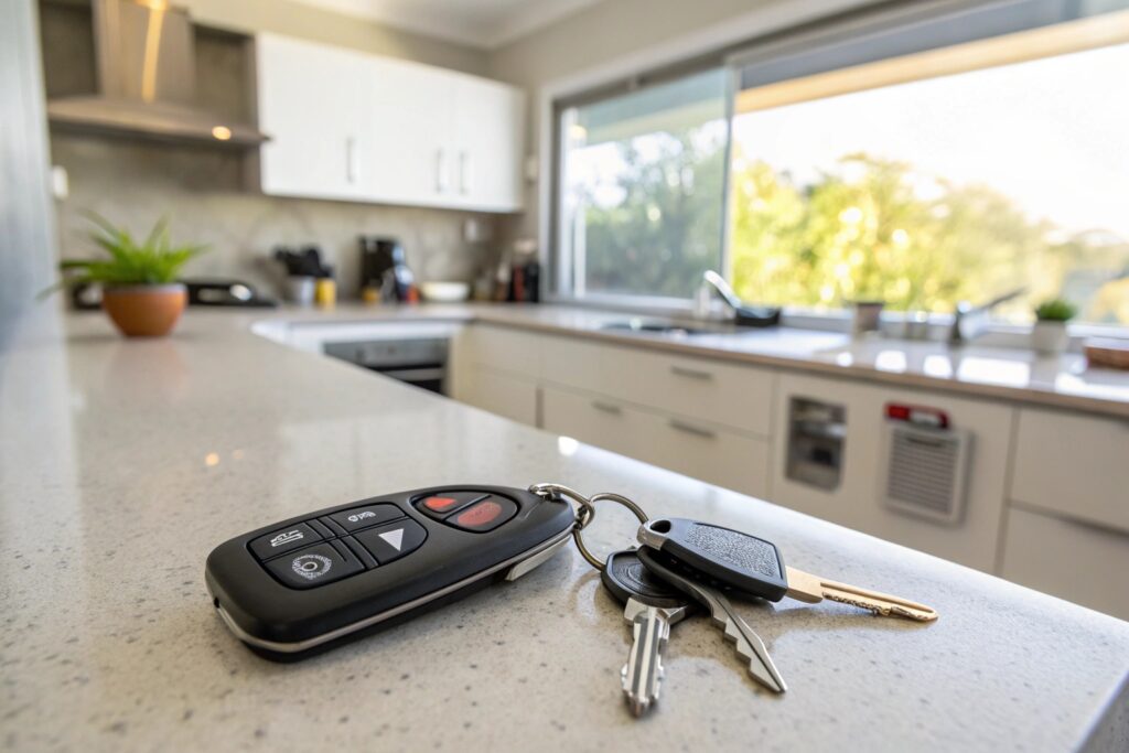 professional service van parked in front of an upscale Sydney home, clean white garage door