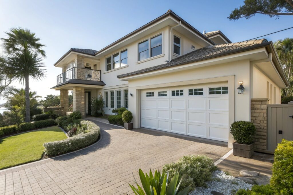 Premium Sydney home with sectional panel garage door featuring glazed window sections