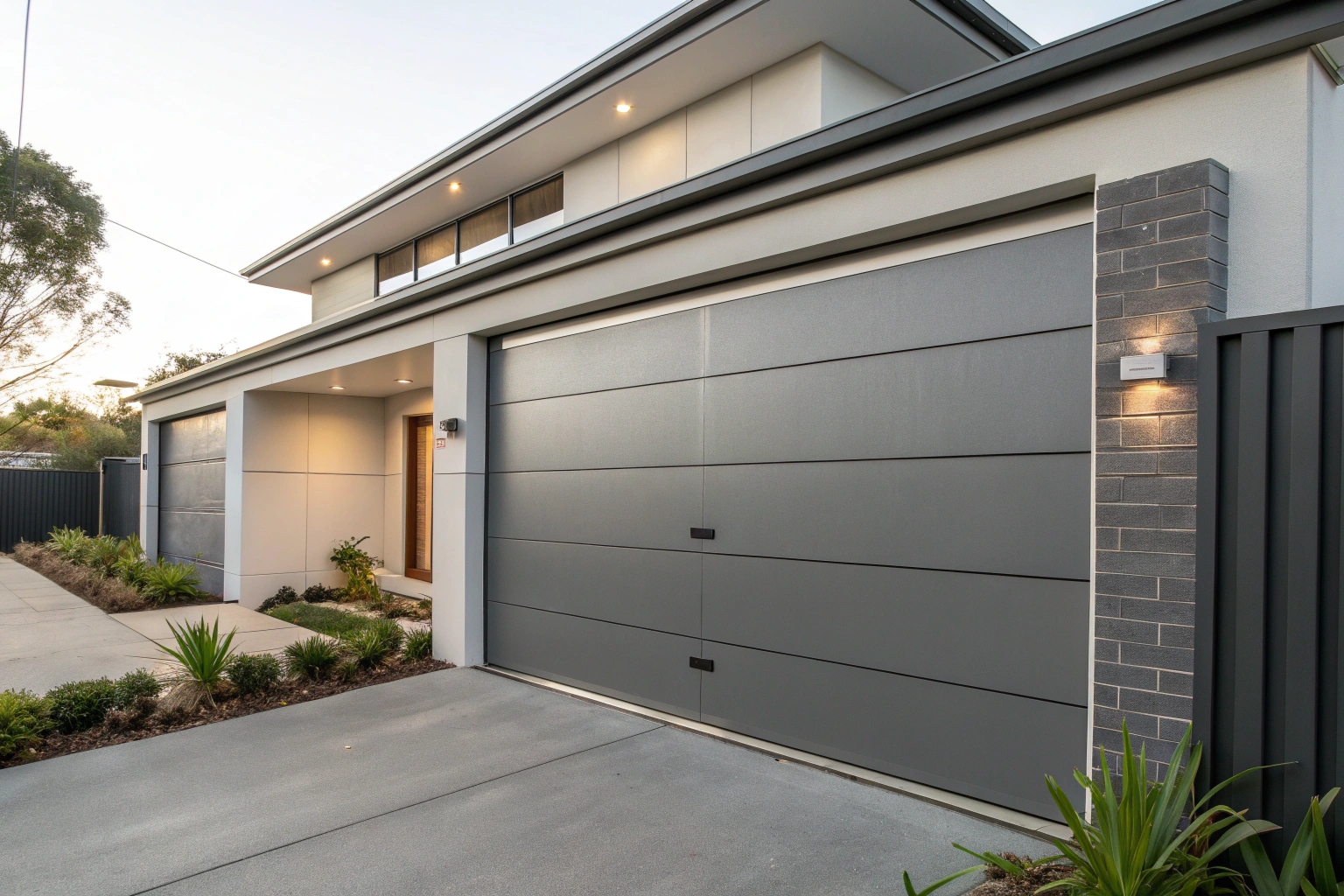 Contemporary smooth panel sectional garage door in grey Colorbond finish Sydney installation