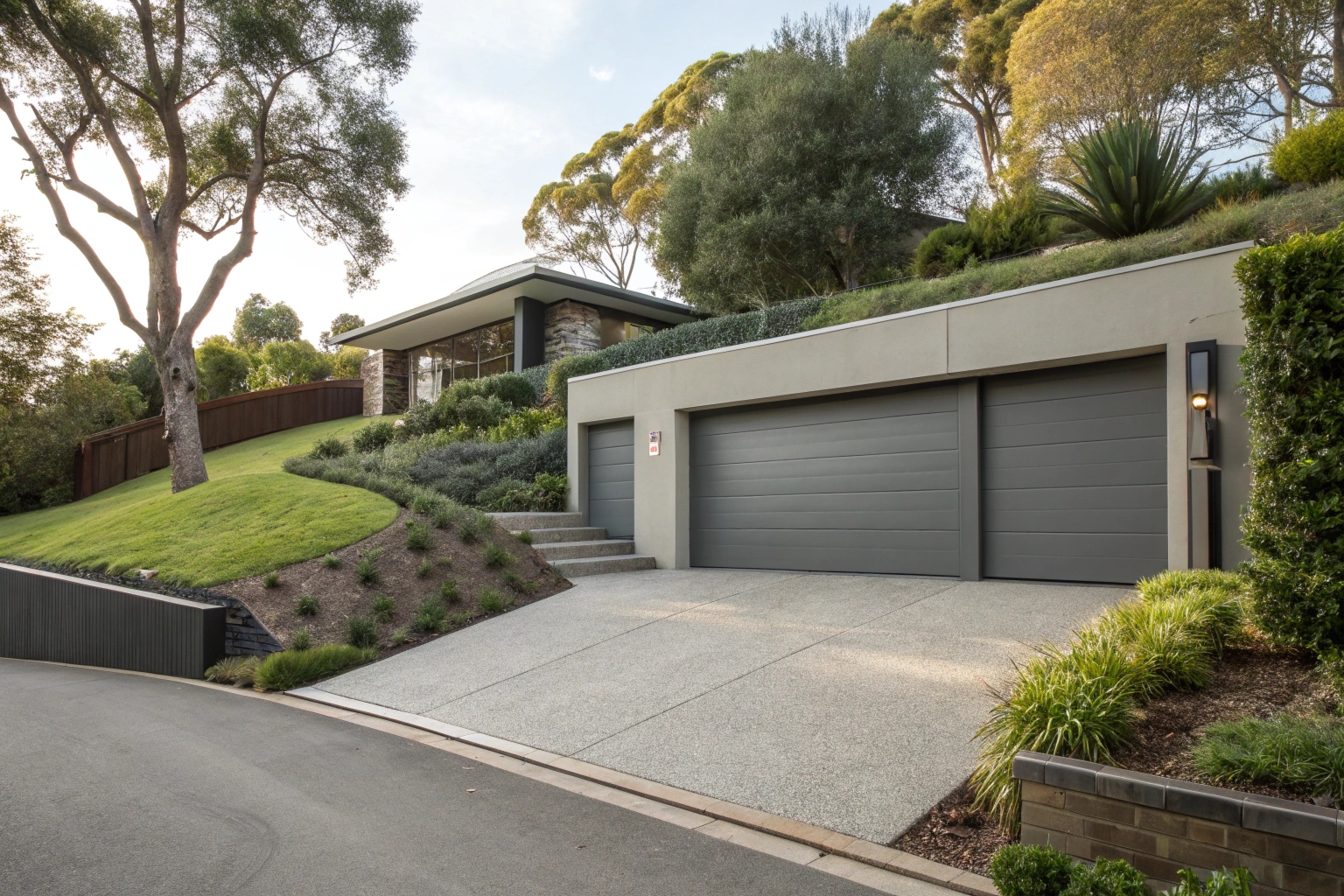 Garage door installation on sloped driveway in Willoughby showing terrain-adapted solution