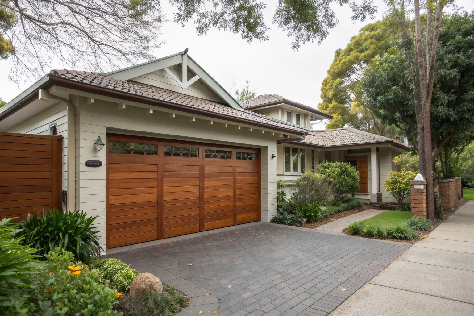 Timber-look garage door on heritage Californian bungalow in Willoughby conservation area
