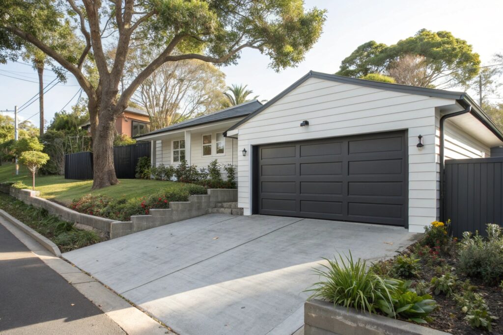 Modern sectional garage door installed on renovated heritage home in Artarmon with established landscaping