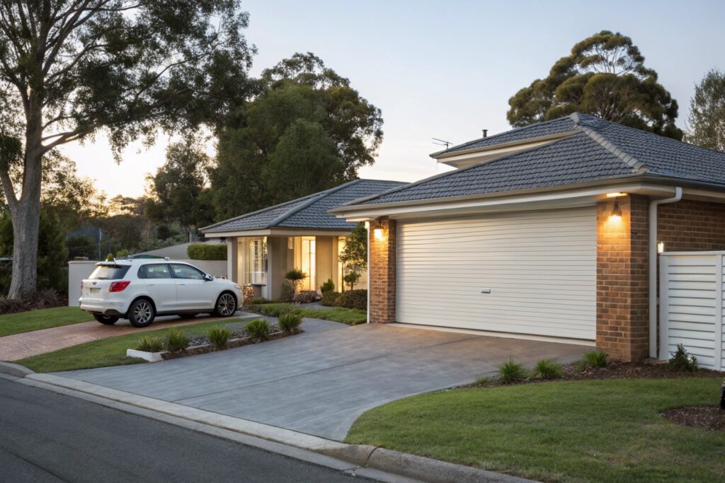 white roller garage door on a single-story brick home in an Australian suburban street, family car visible in driveway
