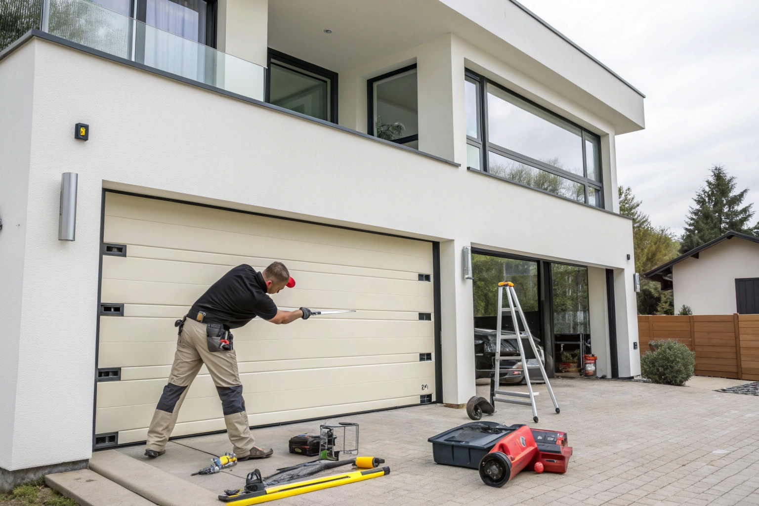 Technician installing a cream-coloured sectional garage door on a contemporary home, tools and equipment nearby